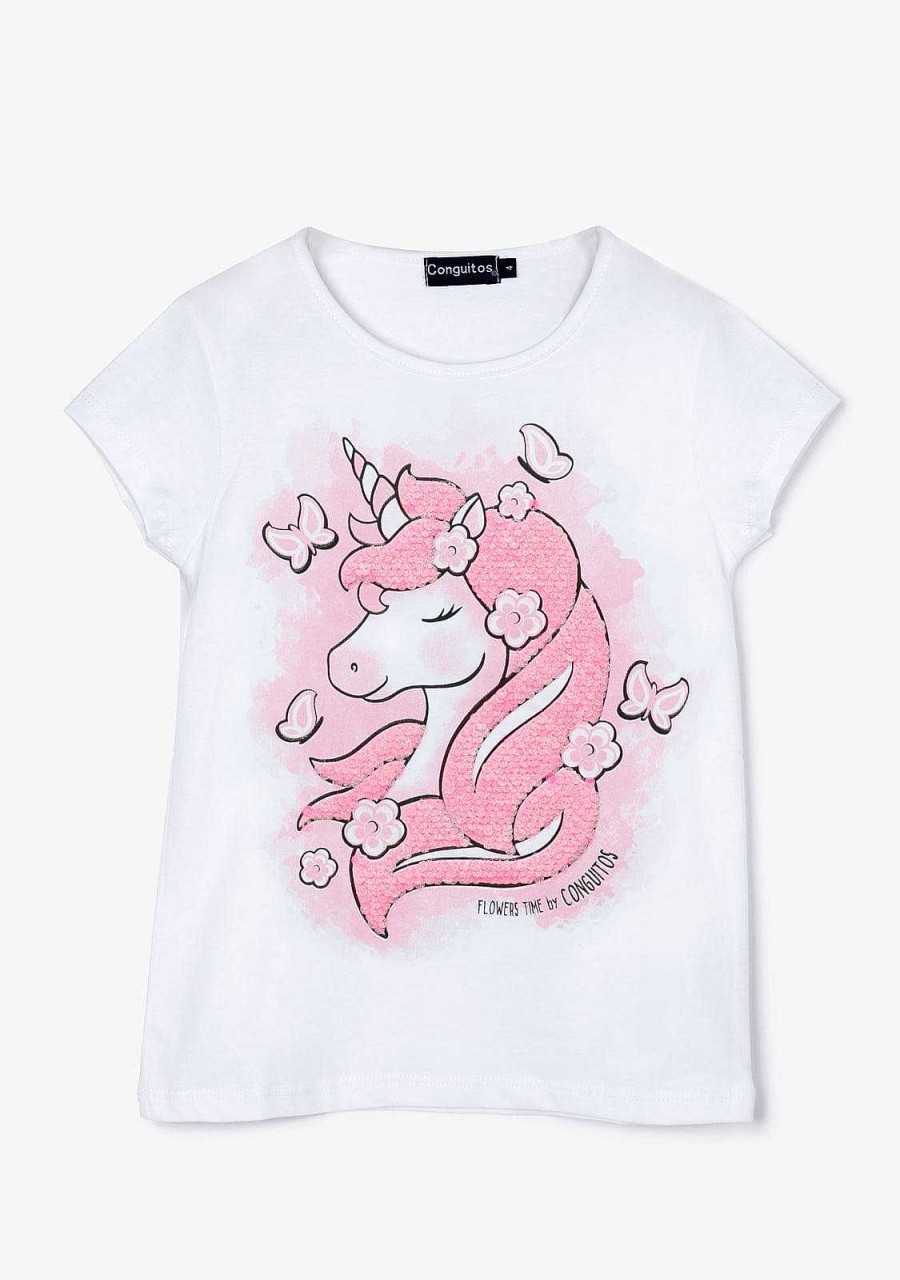 Wholesale Camiseta Unicornio Branca Com Lantejoulas Para Menina Camisetas