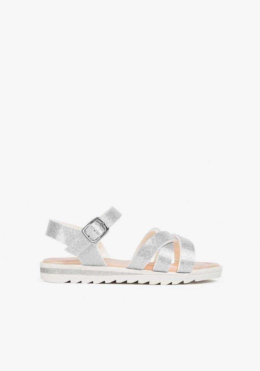 Clearance Sandalias De Menina Com Brilho Prateado Sandalias