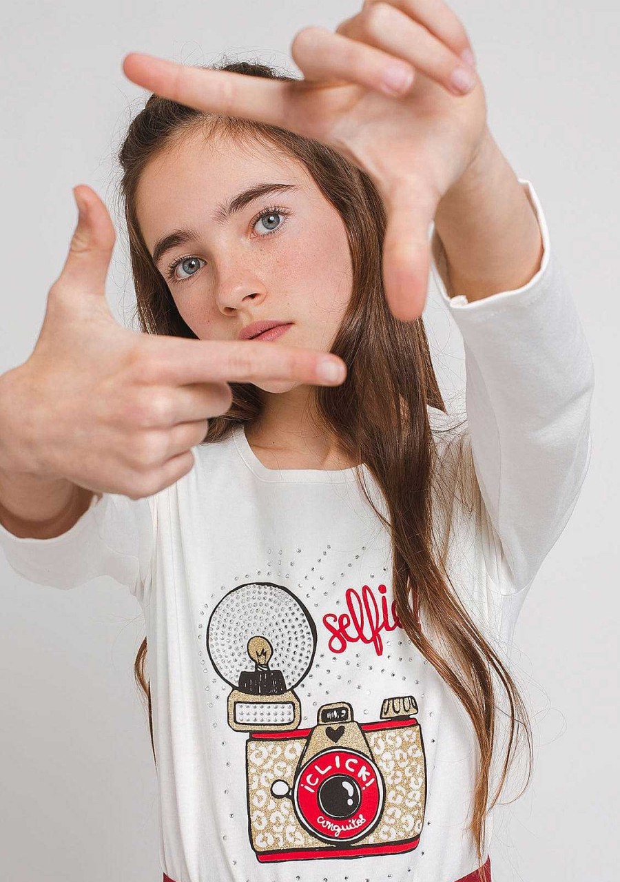 Hot Camiseta De Algodao "Camera" Para Menina Camisetas De Manga Comprida