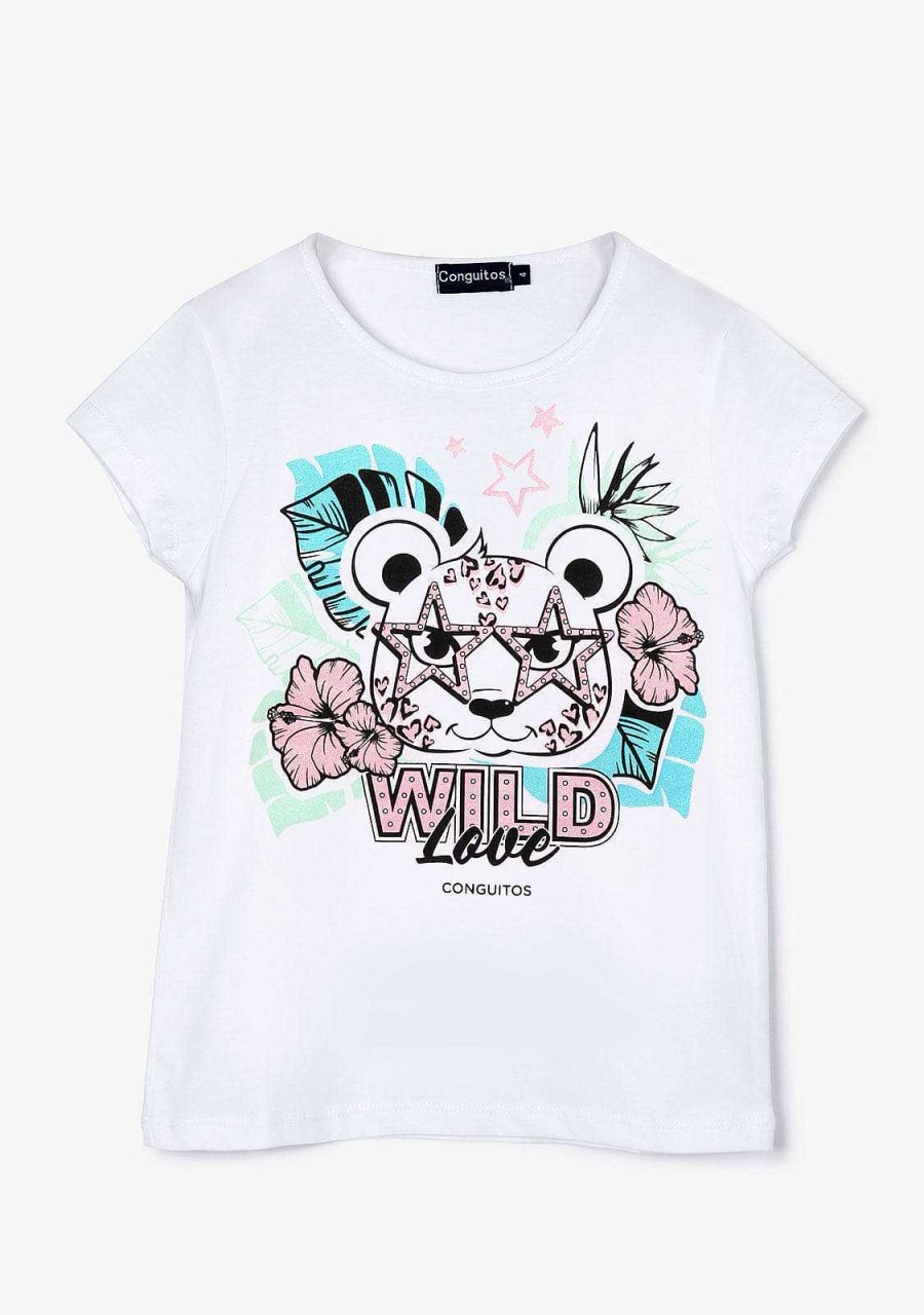 Hot T-Shirt Leopardo Com Brilho Branco Para Menina Camisetas