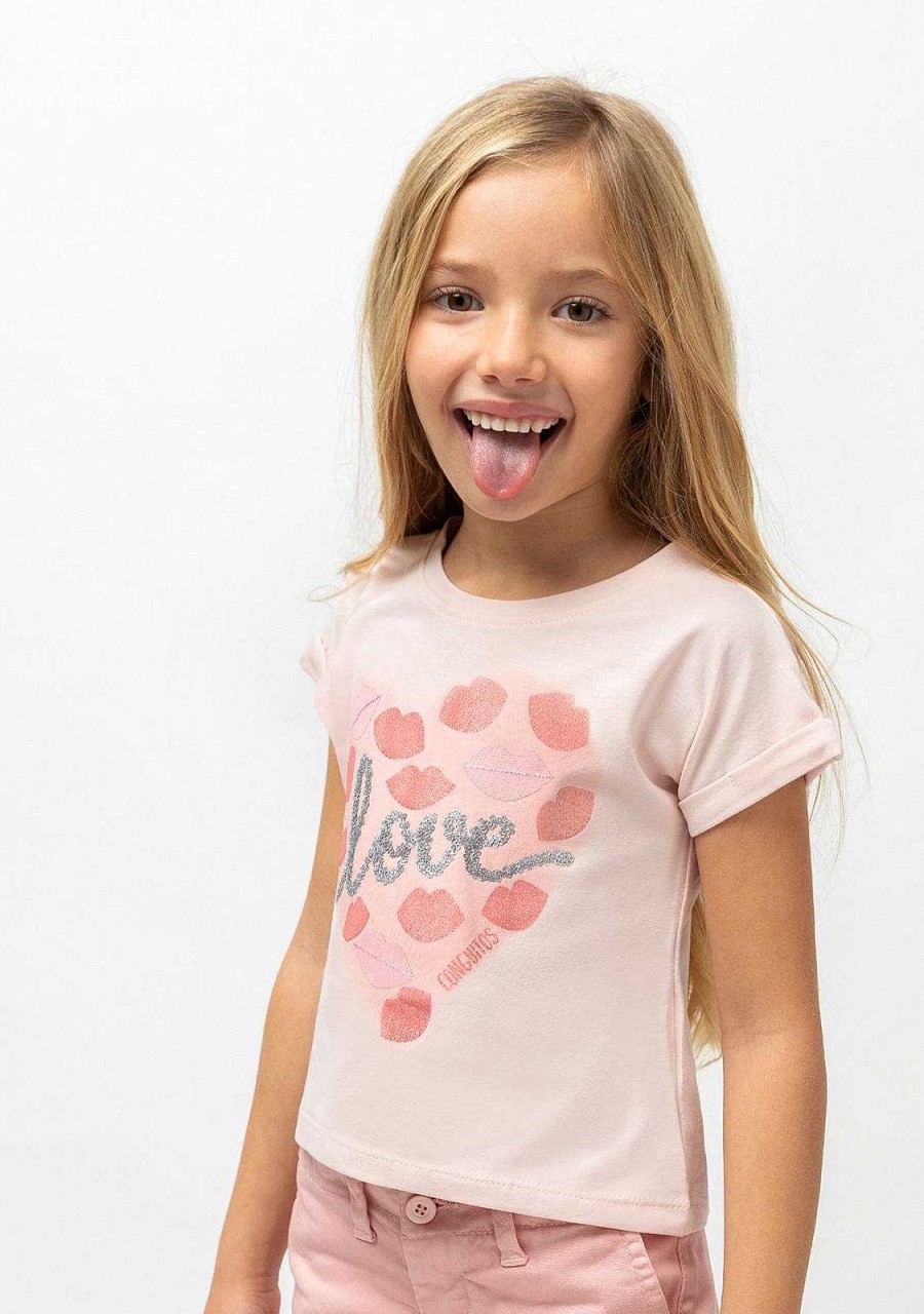 Clearance Camiseta Rosa "Love Kiss" Para Menina Camisetas