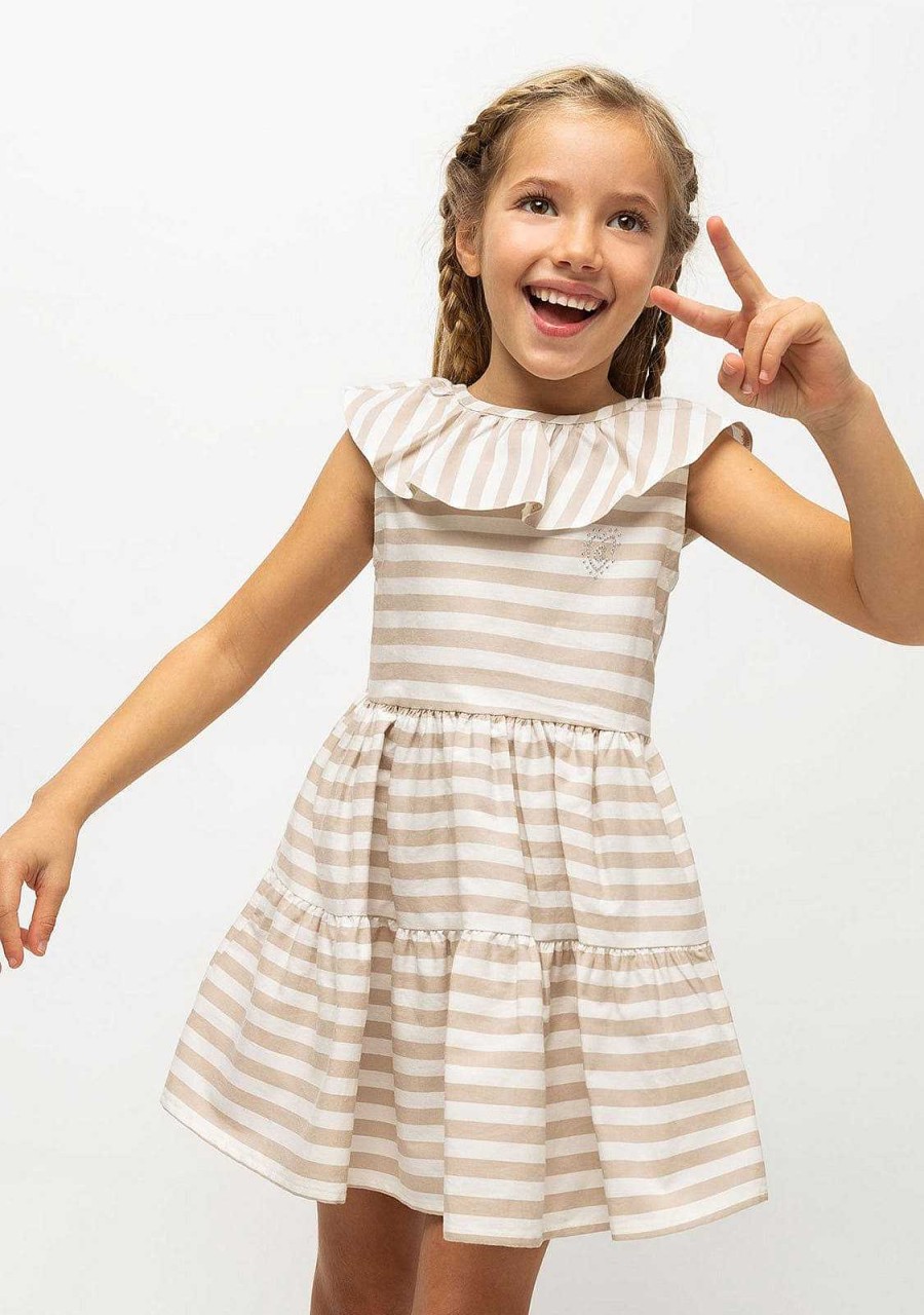 Online Vestido Bege Listrado Com Babados De Menina Vestidos