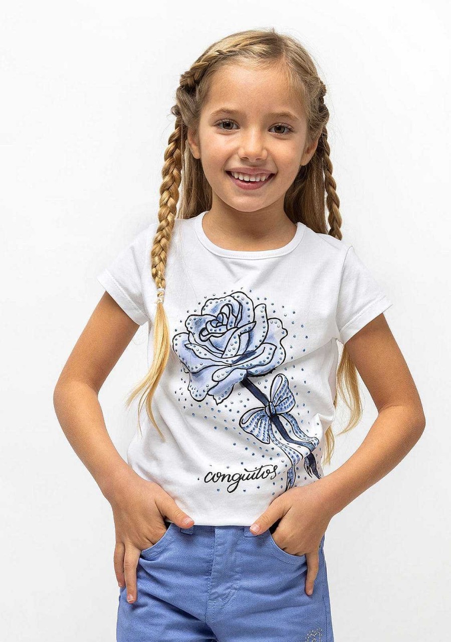 Hot T-Shirt Menina Em Strass Azul Claro "Rose" Camisetas