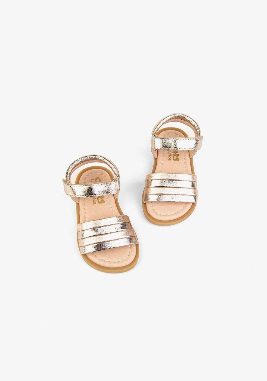 Clearance Sandalias De Couro Platinado Com Listras Para Bebe Sandalias