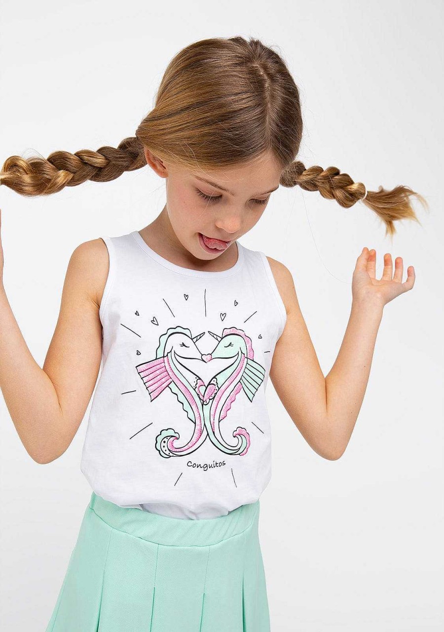 Best Top De Menina Com Estampa De Cavalo Marinho Branco Camisetas