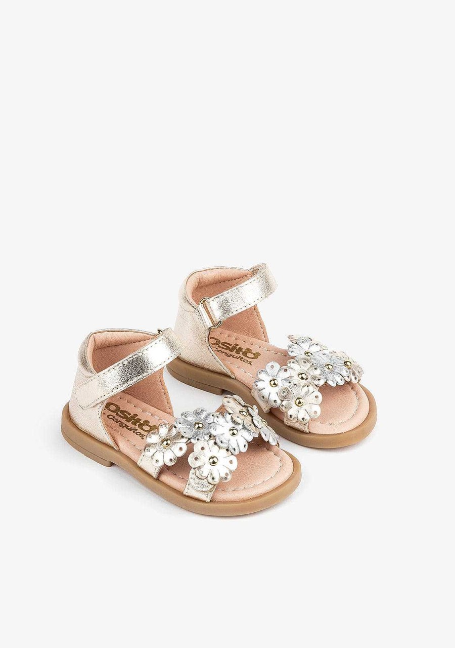 Hot Sandalias De Couro Margarida Platina Para Bebe Sandalias