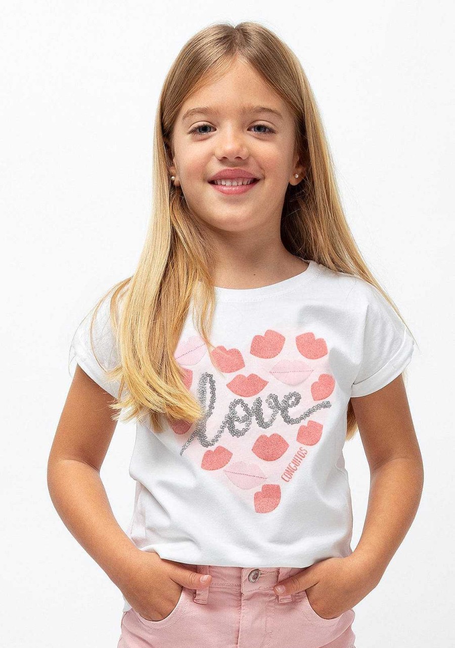 Best Camiseta Branca "Love Kiss" Para Menina Camisetas