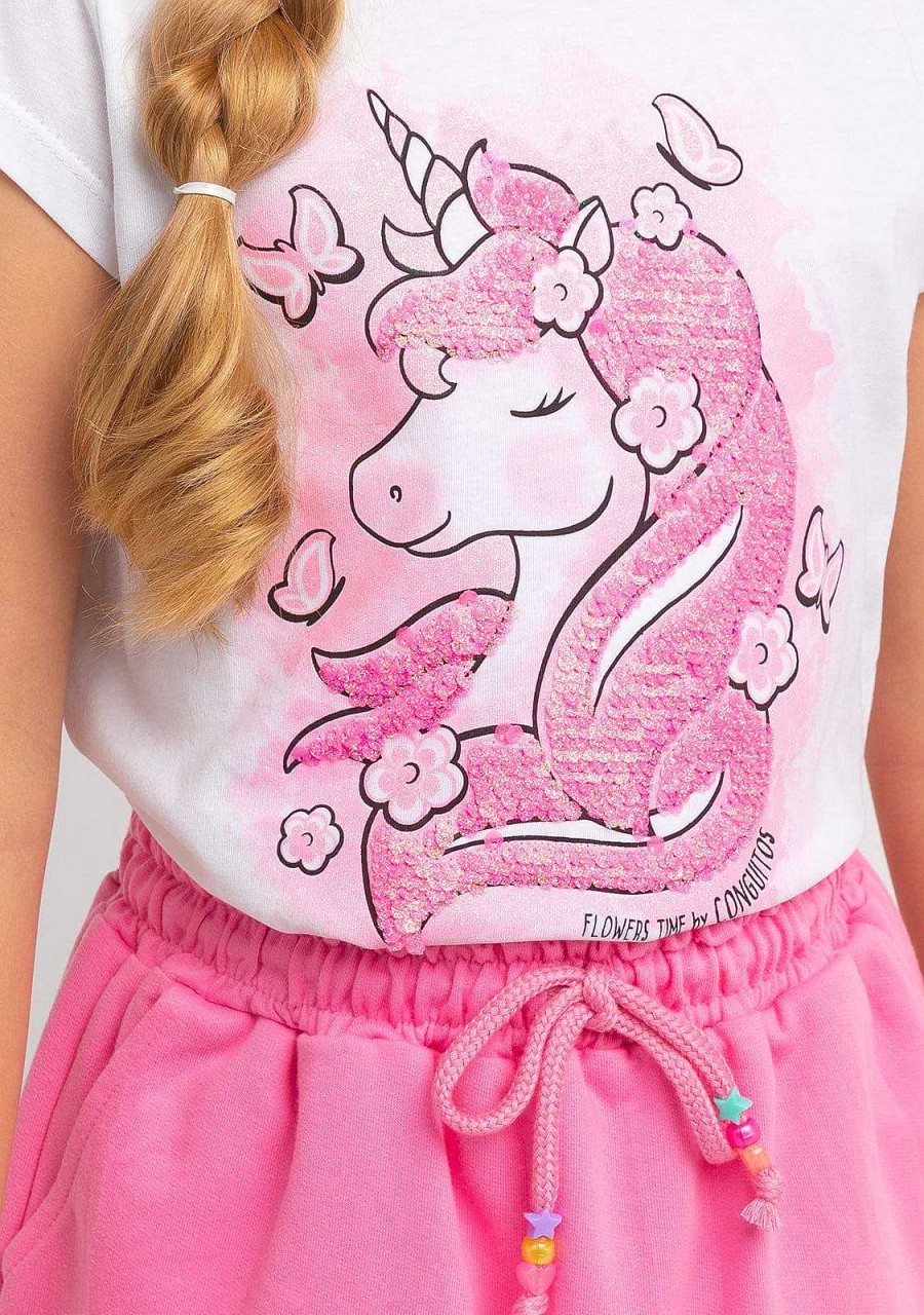 Wholesale Camiseta Unicornio Branca Com Lantejoulas Para Menina Camisetas