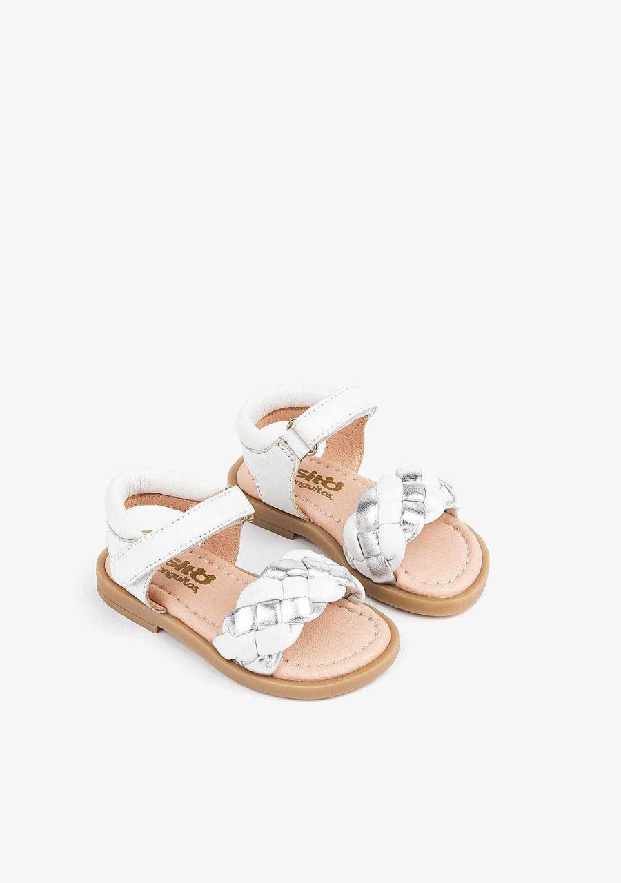 Best Sandalias De Pele Trancada Branca/Prateada Para Bebe Sandalias