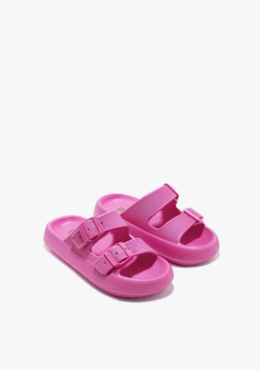 New Slides De Fivela Dupla Fucsia Sapatos De Menina