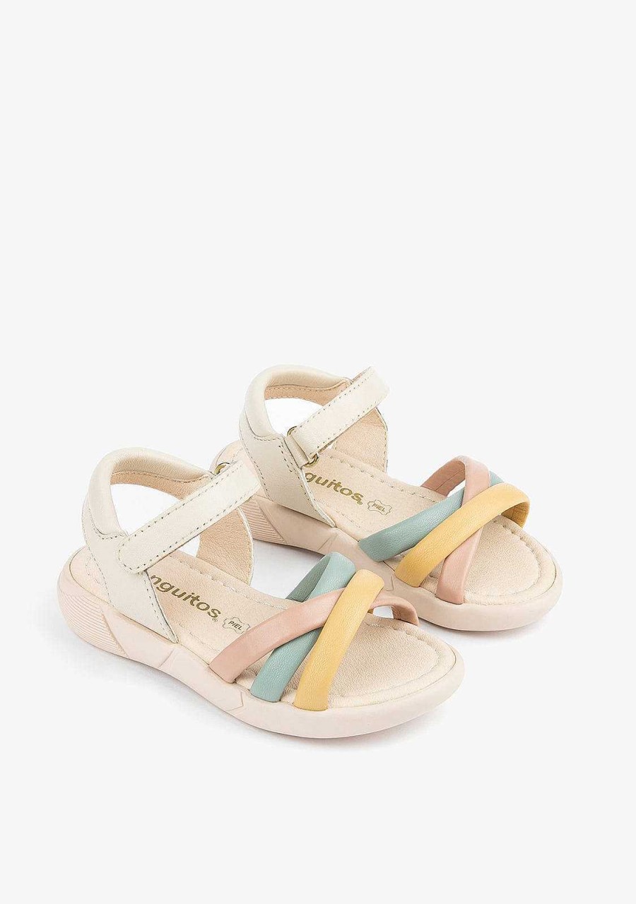 Hot Sandalias De Couro De Menina Com Alcas Multicoloridas Sandalias