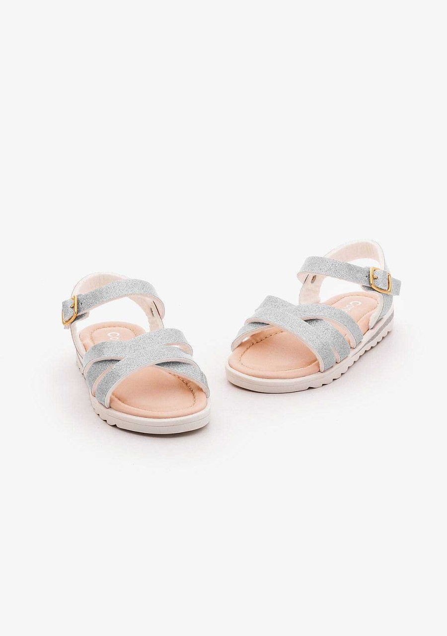 Clearance Sandalias De Menina Com Brilho Prateado Sandalias