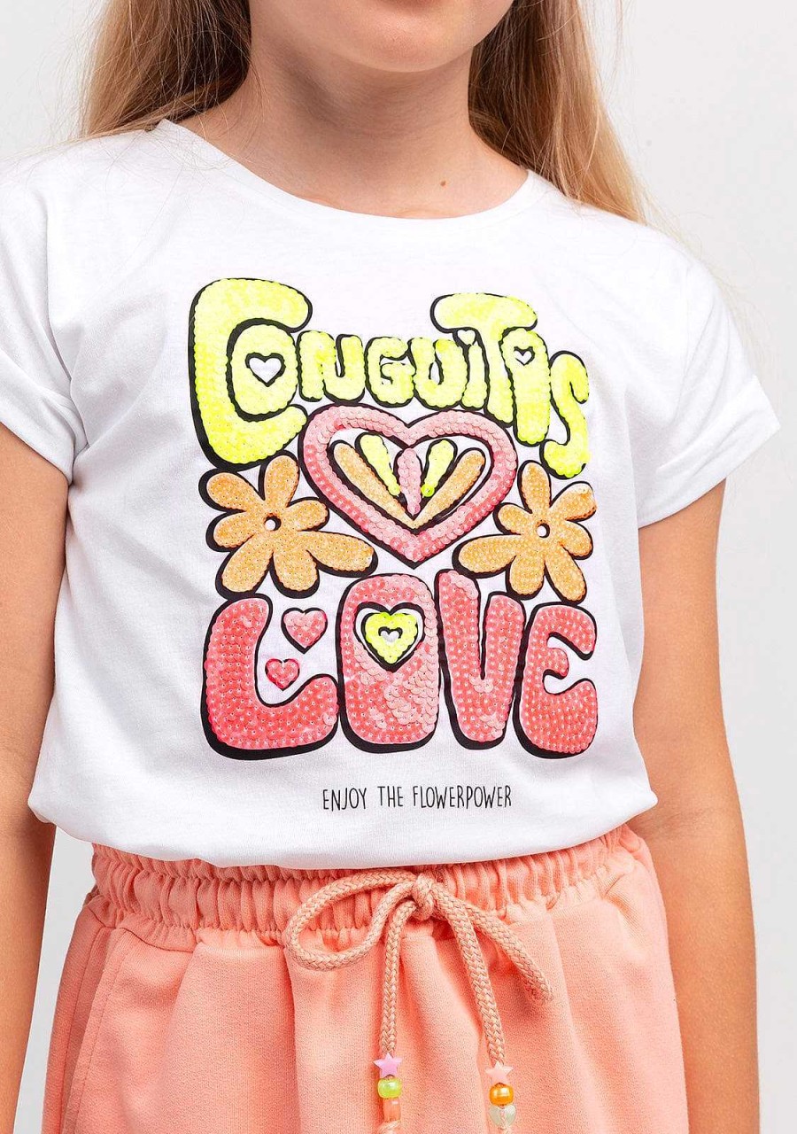 Best T-Shirt Love Fluor Branca Com Lantejoulas Para Menina Camisetas