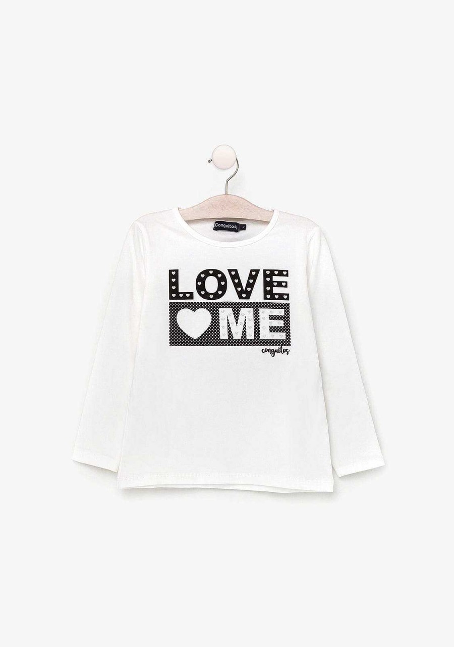 Clearance Camisa Branca De Menina "Love Me" Com Luzes Camisetas De Manga Comprida